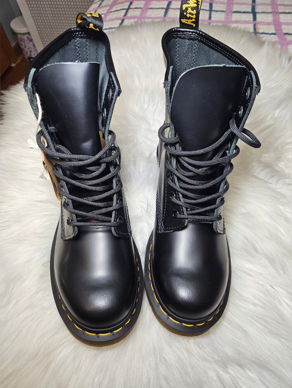 Dr. Martens Black Smooth Leather Lace Up Boots with Yellow Stitching